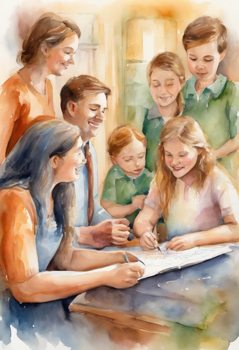 Composite illustration, vibrant speech competition scene, theme: family and affection, central characters: two middle school students speaking in front of the microphone, spotlight, expression of confidence and passion, dynamic gestures for storytelling, symbolic audience: classmates, teachers, Parents, various expressions of surprise, emotion and thoughtfulness, background: large family portrait symbolizing the theme of the speech, soft colors and lines suggest warmth, love and support,