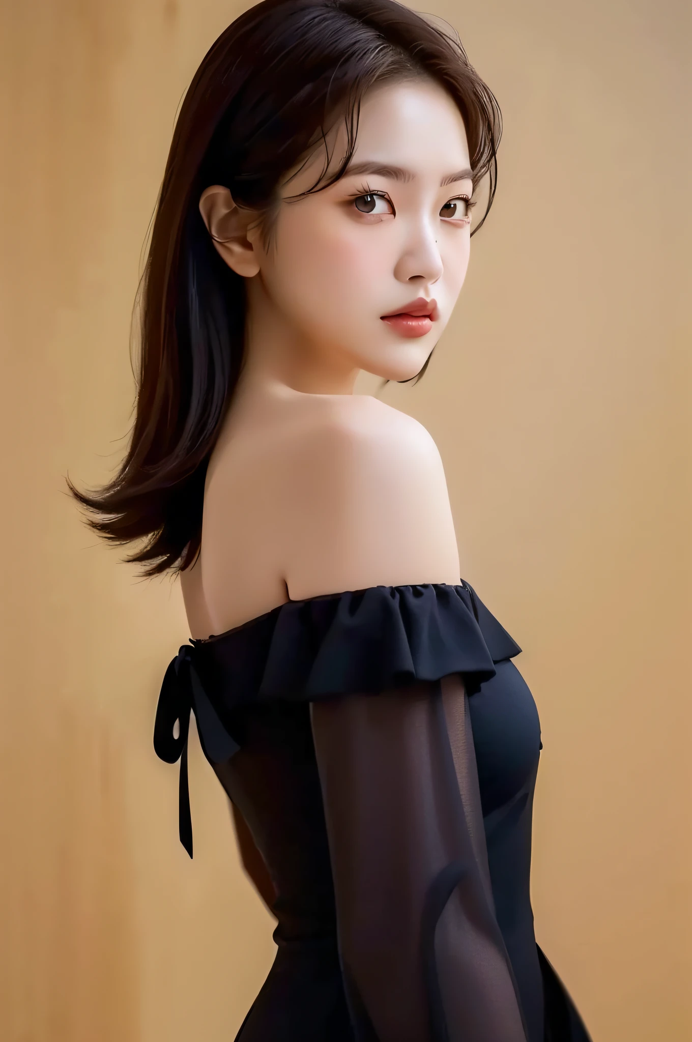 Best quality, masterpiece, ultra high res, (photorealistic:1.4), raw photo,1girl, solo, realistic, looking at viewer, upper body,simple background, black dress, off shoulder,