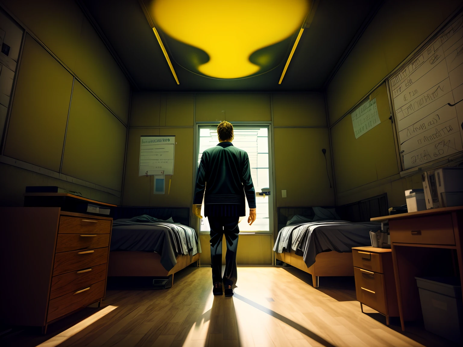 THE creepy teacher is staring at the bed, the angry teacher turn back to the camera and want to haunt the little innocent boy at the bed