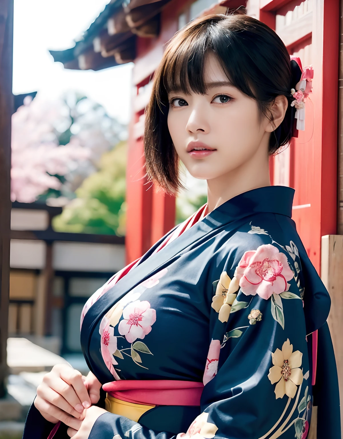(top-quality、8K、32K、masterpiece、超A high resolution、nffsw:1.3)、(Japan idol:1.3)、1girl in、(Colossal tits:1.25)、(short-hair)、abdominals、the perfect body、((Takan Ninja)), Delicate facial features, Ultra-realistic, Hyper-realistic, 鎖骨、Shadow、octan render、((Wear a beautiful kimono with a high degree of exposure)),hyperdetailed face、Detailed lips、finely eye、二重まぶた、(魅惑的)、((agitation:1.5))、maikurobikini、((Navel))、Armpit、((Female ninja)),Kunoichi Ninja、Throw shurikens、Japan holding a sword、Mystical expression、shrine background、Old Town of Japan、((heavy breasts)),Toostock、mecosuji、Kimono with colorful floral pattern、highcontrast、(((Colorful kimono))),