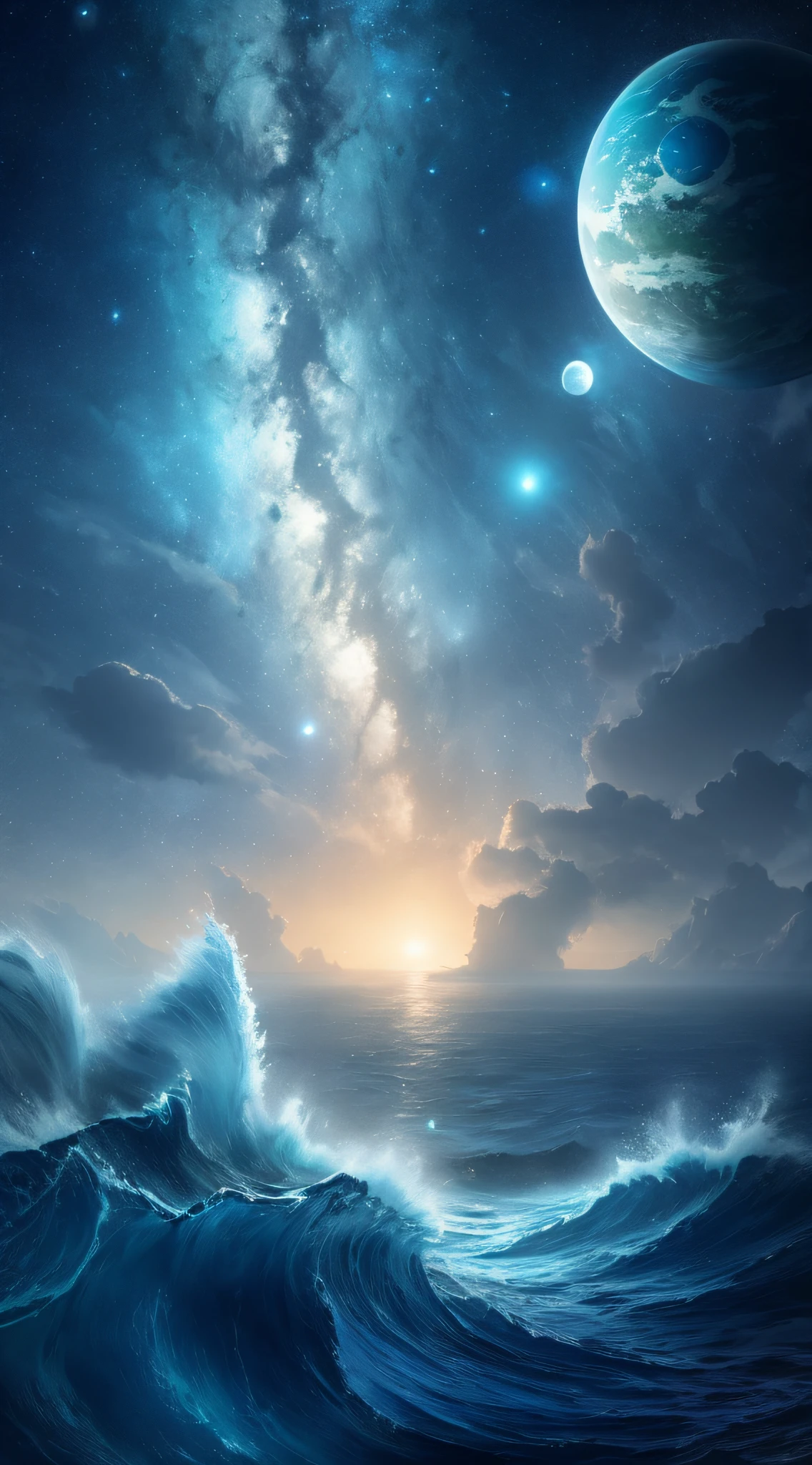 a view of a large body of water with a sky and planets in the background, fantasy sea landscape, chaotic sea setting, magical ocean, apocalyptic tumultuous sea, atmospheric fantasy sky, moonlit ocean, dreamlike atmosphere, deep sea landscape, magnificent background, amazing wallpaper, misty space, sci-fi fantasy wallpaper, ocean pattern and night sky, vast seas