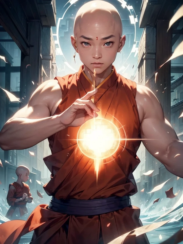 Handsome Shaolin monk、(((1 juvenile,bald-headed,buddhist monk,full bodyesbian,tear-mole:)))full bodyesbian,Sharp eyes,Clear facial features,Angular,dressed white hanfu,Chinese Kung Fu,Powerful dynamic posture,The body is surrounded by purple mist,Runes surround you,Martial arts action,Holographic reality,holographic halo,dynamic blur,Game lighting effects,rim-light,Soft light,cinematic rim light,The light is delicate
