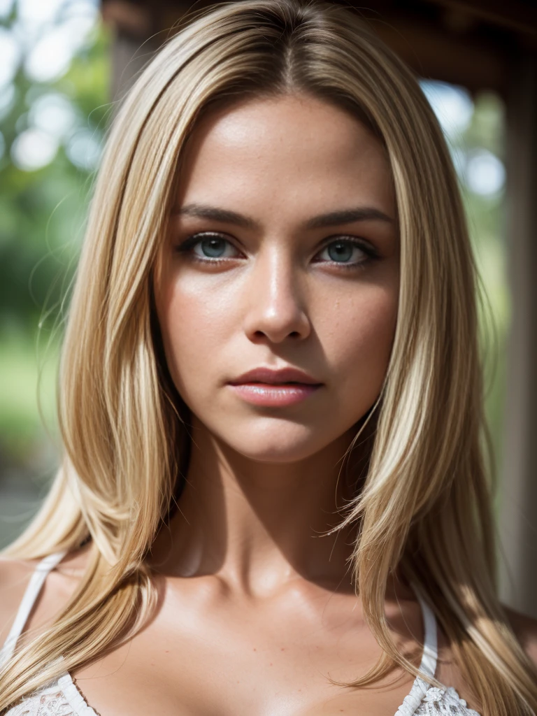 half body portrait photo of a beautiful 25 years european woman, endless long (extra long wavy blonde hair), [[[[chest]]]] [[[[neck]]] [shoulders]]]]], Award - winning photograph, Masterpiece, 8k, ultra high res, hyper detailed, beautiful woman, perfect face, rule of thirds, Perfect eyes, Perfect iris, perfect pupils, (perfectly round iris:1.3), Perfect lips, Perfect teeth, dimples, perfect nose, highly detailed hair, ((detailed face)), ((detailed facial features)), (finely detailed skin), tanned skin, realistic skin texture, extreme skin details, (pores:0.1),(sweaty:0.8), insane details, intricate details, amazing fine detail, photorealistic, photograph, realistic, realism, photorealism, rich colors, lifelike texture, neutral colors, god rays, Soft front light,cinematic lighting, dramatic lighting,dappled light on face, backlight on hair, sharp focus, wide angle, film grain, dslr, raw photo, photographed on Nikon