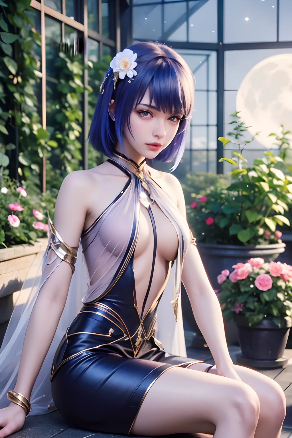 (ultra-detailed, high-resolution:1.2),(highly detailed:1.3),Seele,detailed,
1girl,solo,bangs,hair ornament,blue eyes,short hair,blue hair,hair between eyes,black hair,(sharp focus:1.2),
masterpiece,highres,original,extremely detailed wallpaper,looking at viewer,
(mid shot:0.95),Dynamic angle,(This is the greenhouse),
(greenhouse),(nature),growth,she(sitting, admiring the flowers and the moon),
she(white simple style transparent dress+hair flower+shiny skin+shiny hair+crystal clear clothes),bare legs,barefoot,upper body,