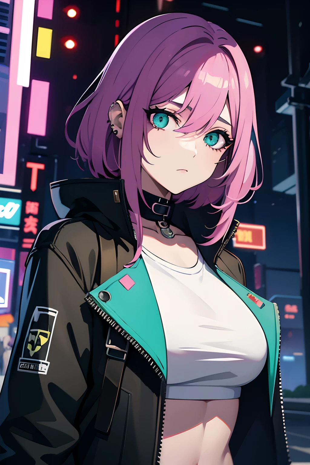 uma mulher com cabelos coloridos e piercings usando um top verde, rossdraw desenho animado vibrante, RossDraw pastel vibrante, Arte de anime cyberpunk, Estilo de arte cyberpunk, arte de anime cyberpunk, anime vibes, cor estilo cyberpunk, decora inspired illustrations, Digital Cyberpunk - Arte de Anime, 8 0 s vibe anime, garota anime cyberpunk, arte digital do anime cyberpunk, arte estilo anime