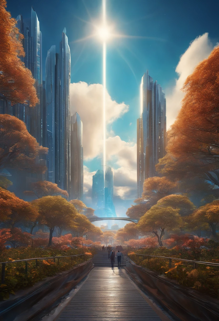 Heaven, Clear skies, blue open sky, Less clouds,City of Progress, futuristic cities, Utopian world, Awesome bright colors, , The future of utopia, ighly detailed, nffsw, parfait, Impressive progressive architecture, The perfect world, Reflective surfaces, Subsurface Dispersion, Beyond imagination, 8K,, wide angles, Divine Rays, World of Dreams、Sci-fi world、kosmos