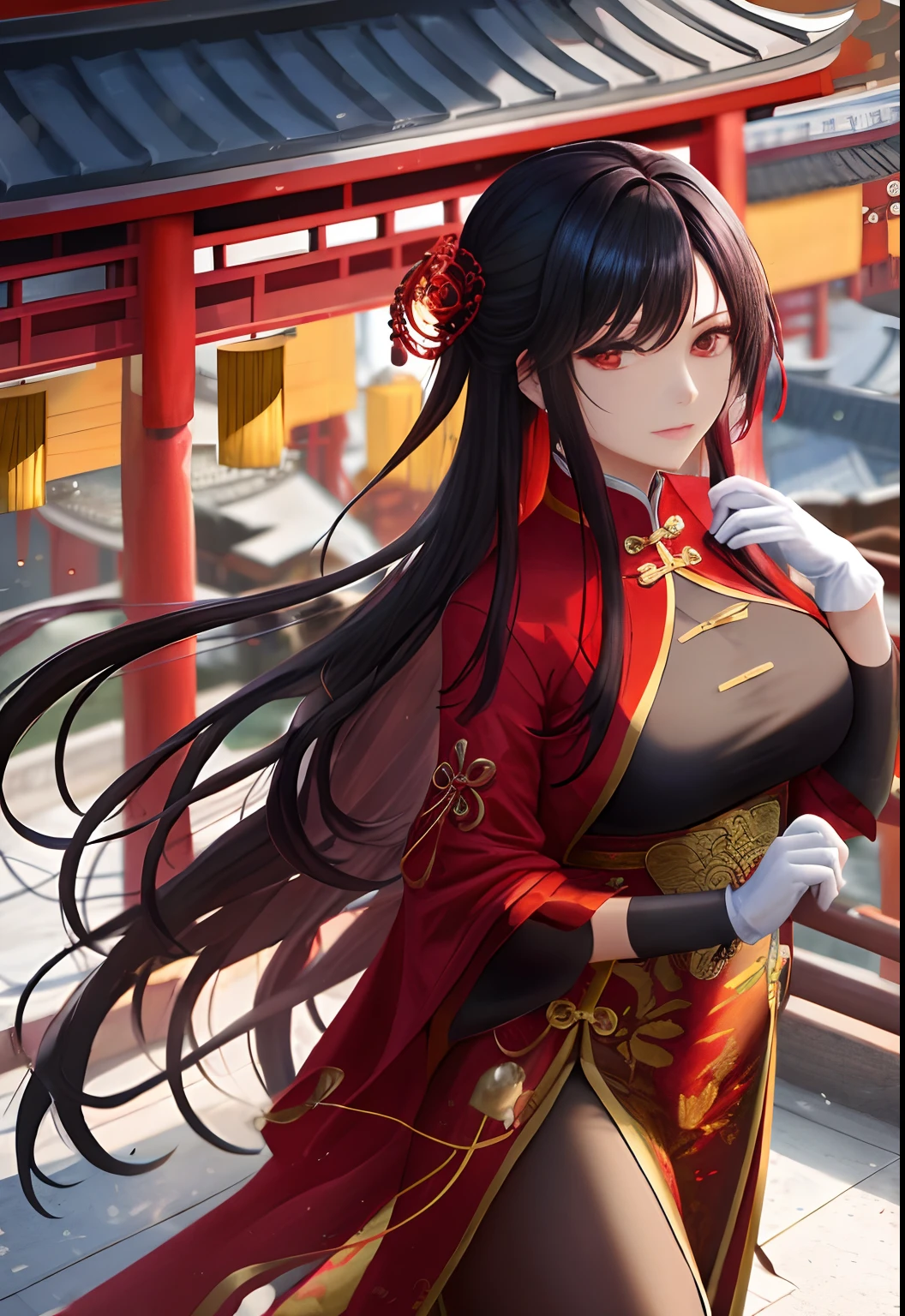 A woman，Watching the view，Long black hair，Red robe，Long white gloves are worn on the elbows，Chinese Ancient Architecture，