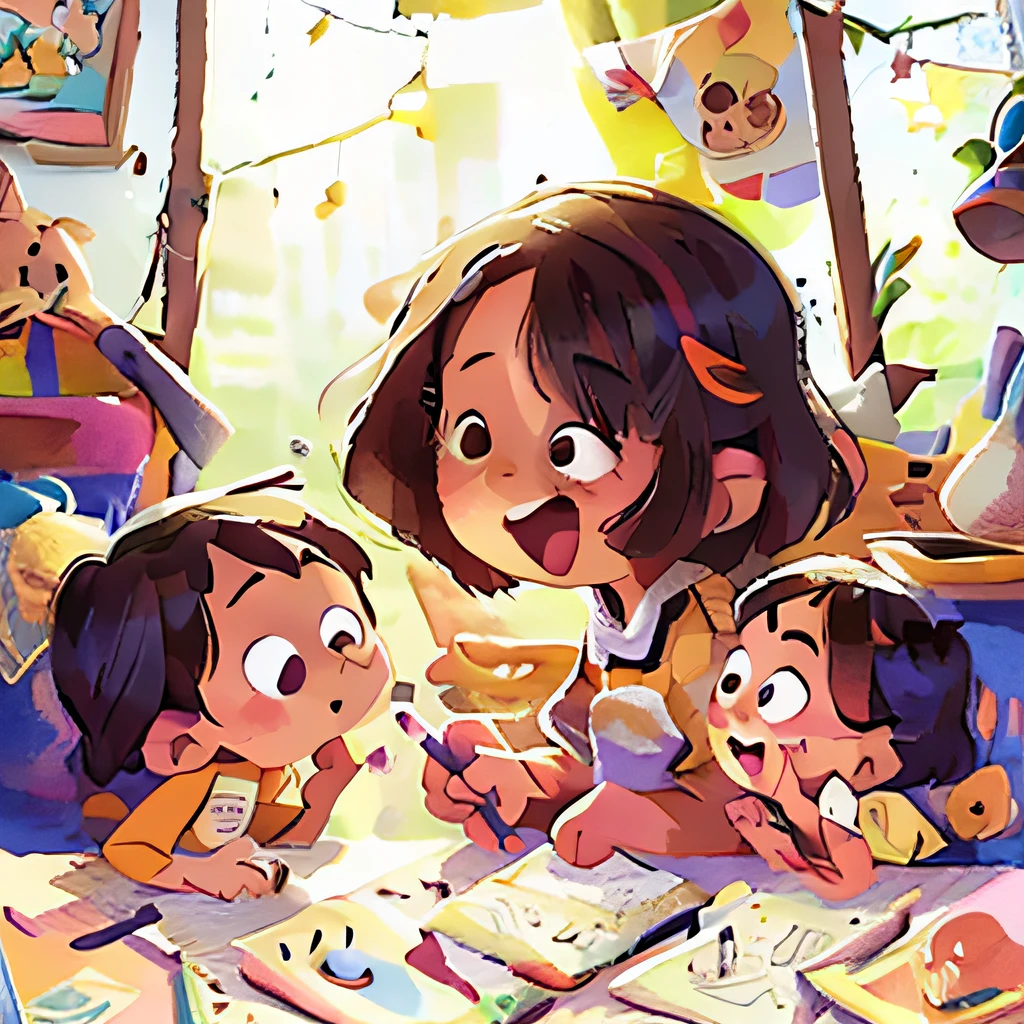 (one-girl:1.1,children's:0.9),Multiple angles,Sketch style design,Children's illustration style,Pencil and watercolor effects,Realistic Facial Features,natural soft light,Fine hair and clothing,Playful and vibrant colors,Joyful expressions,Fictional background,staring right into camera