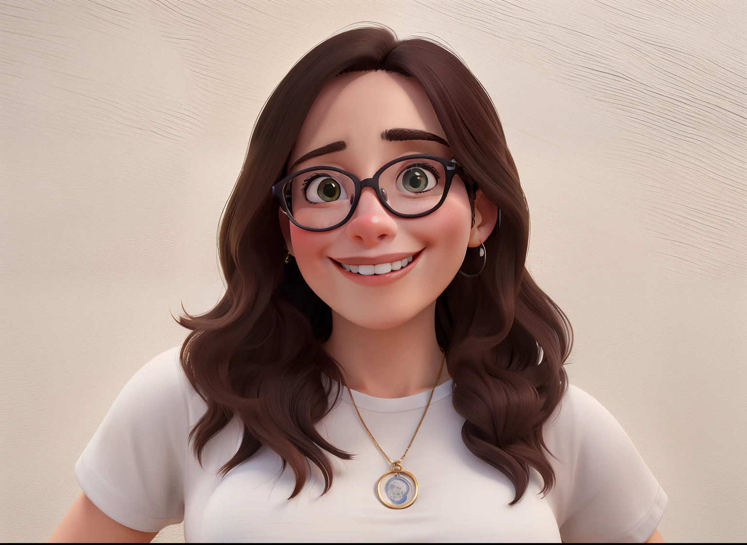 Obra-prima, de melhor qualidade, mulher de cabelos escuros, With a beautiful smile wearing glasses and wearing a white t-shirt