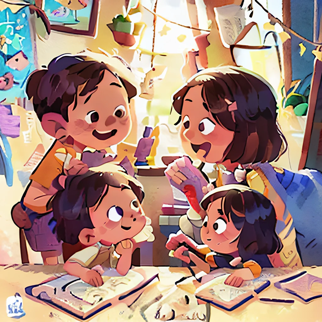 (one-girl:1.1,children's:0.9),Multiple angles,Sketch style design,Children's illustration style,Pencil and watercolor effects,Realistic Facial Features,natural soft light,Fine hair and clothing,Playful and vibrant colors,Joyful expressions,Fictional background,staring right into camera