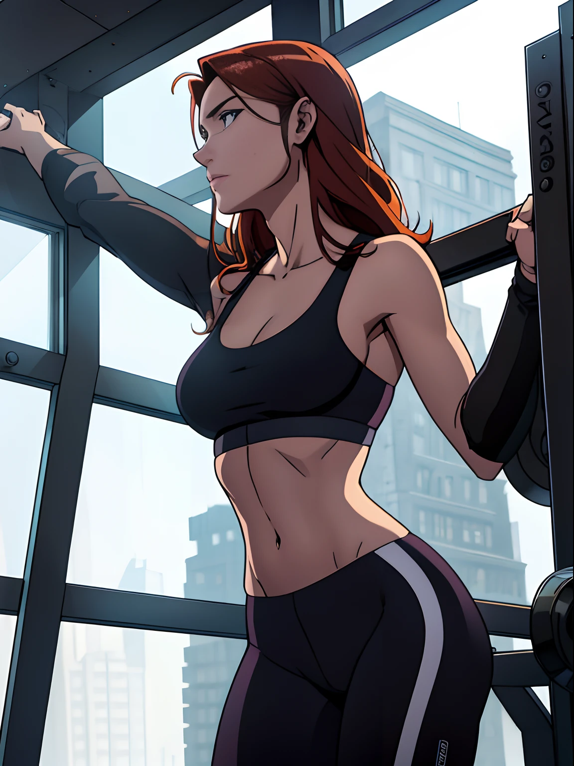 (masterpiece, top quality, best quality, official art, beautiful and aesthetic:1.2), (1girl:1.3), (gorgeous face), 1girl in, 19, irish redhead, wavy ginger hair, shoulder length ginger hair, gray eyes, light grey eyes, some small freckles, pale skin, A-cup, small breasts, runners body, fullbody shot, (full body:0.6), detailed background, close up, (airy modern theme:1.1), arched back, flexing, charlatan, smirk, mysterious, standing in the gym, sports bra, leggings, headphones, wet, workout gear, weight machines, windows, modern gym, well-lit, thin and toned physique, slim waist, slim hips, long legs, modern (gym interior:1.1) background, dark mysterious lighting, shadows, magical atmosphere, dutch angle,