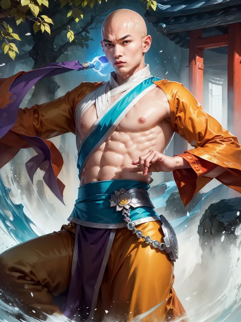 Handsome Shaolin monk、(((1 juvenile，bald-headed，buddhist monk，full bodyesbian，tear-mole:)))full bodyesbian，Sharp eyes，Clear facial features，Angular，dressed white hanfu，Chinese Kung Fu，Powerful dynamic posture，The body is surrounded by purple mist，Runes surround you，Martial arts action，Holographic reality，holographic halo，dynamic blur，Game lighting effects，rim-light，Soft light，cinematic rim light，The light is delicate