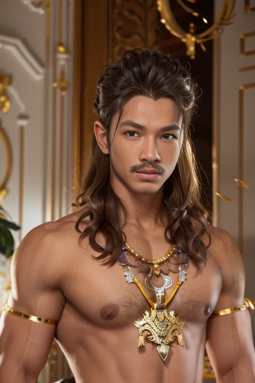 masuter piece、well built、jefri nichol a javanese Male、Age 15、Hot Guy、lite moustache, muscular、macho、wearing majapahit kingdom costume, gold head band, gold shoulder band, gold necklace, gold crown, hair bund,  long-haired、Fade Cut、bodybuilder, Large body、low angles、Real texture、wear sarong batik,