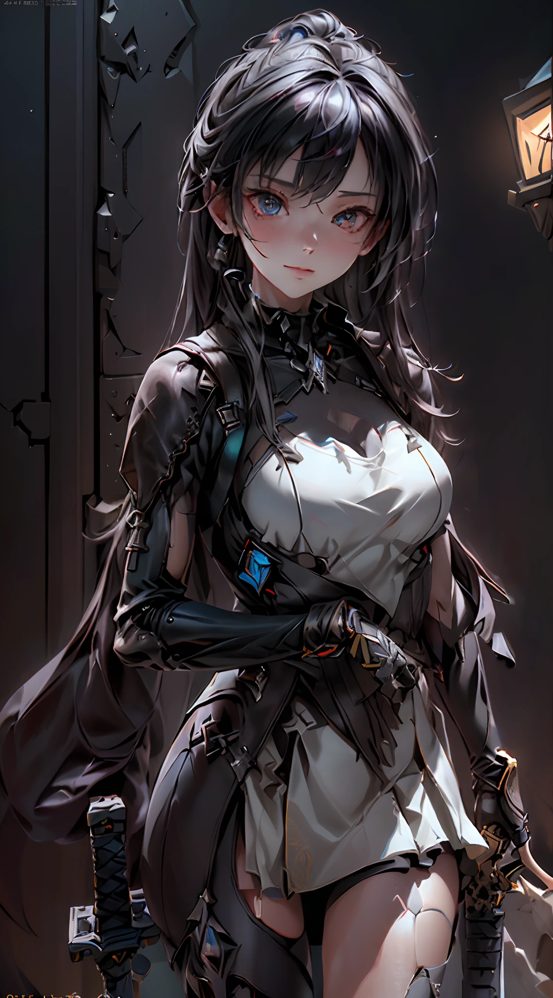 masterpiece, high quality, 4K, HDR, armored dress knight, black halo above head, black horns on head, large black tail, large black wings on back, Silver hair, intake hairstyle, blunt bangs, long hair, crimson eyes, narrowed eyes, sharp teeth, slightly pointed ears, displeased expression, slightly open mouth, low angle, full body, athletic, toned body, medium breasts