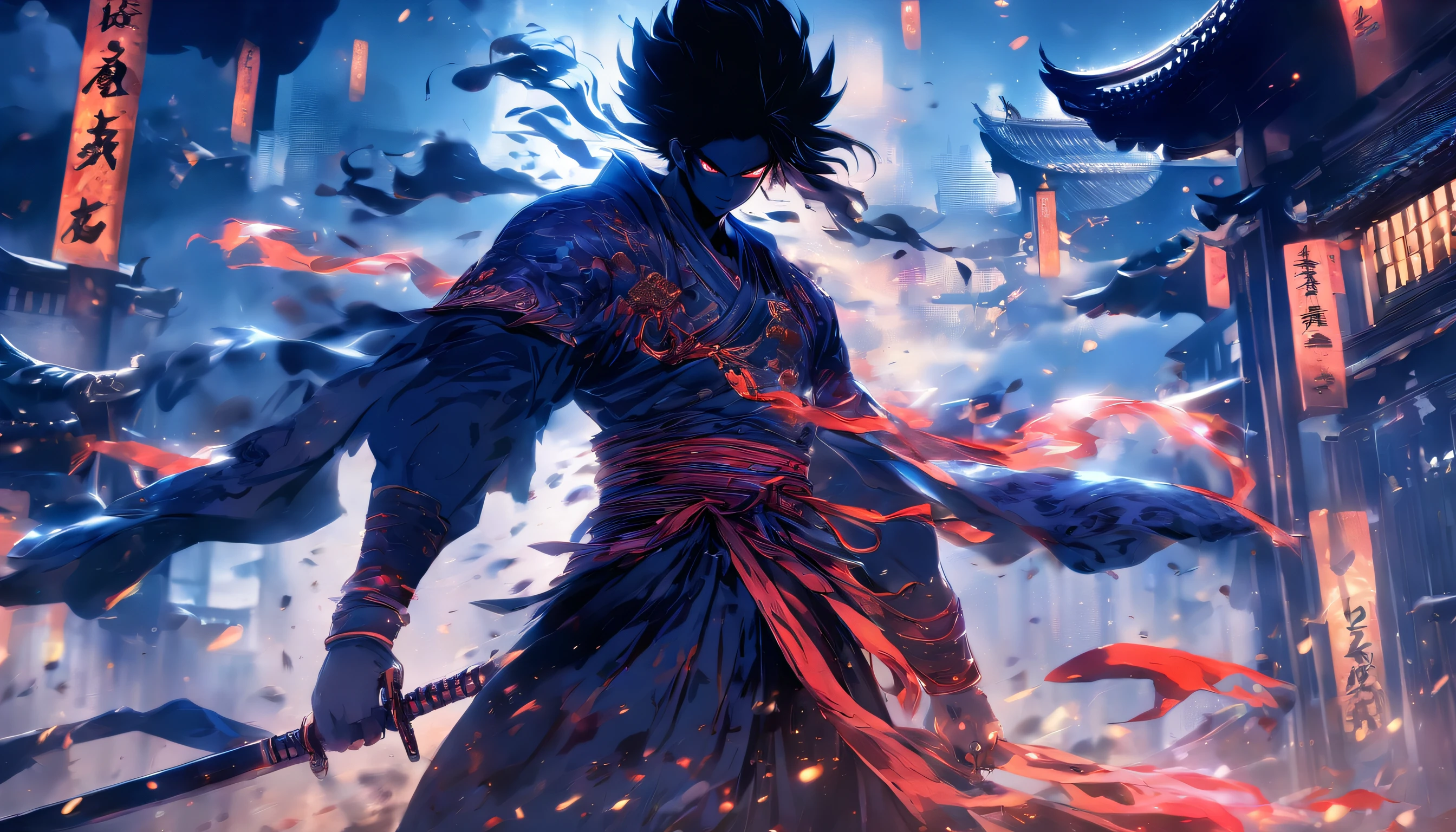 中景 the scene is，Chinese ink style，Smudge, 1 handsome boy, Black hair, Red glowing eyes, Crazy smile, wielding a sword，Dark，Flowing and chic，Ancient armor，Combat boots，（Full body like：1.5），Chang'an Avenue，ventania，8K，（（super-fine）），Hyper-realistic，（（（OC renderer）））
