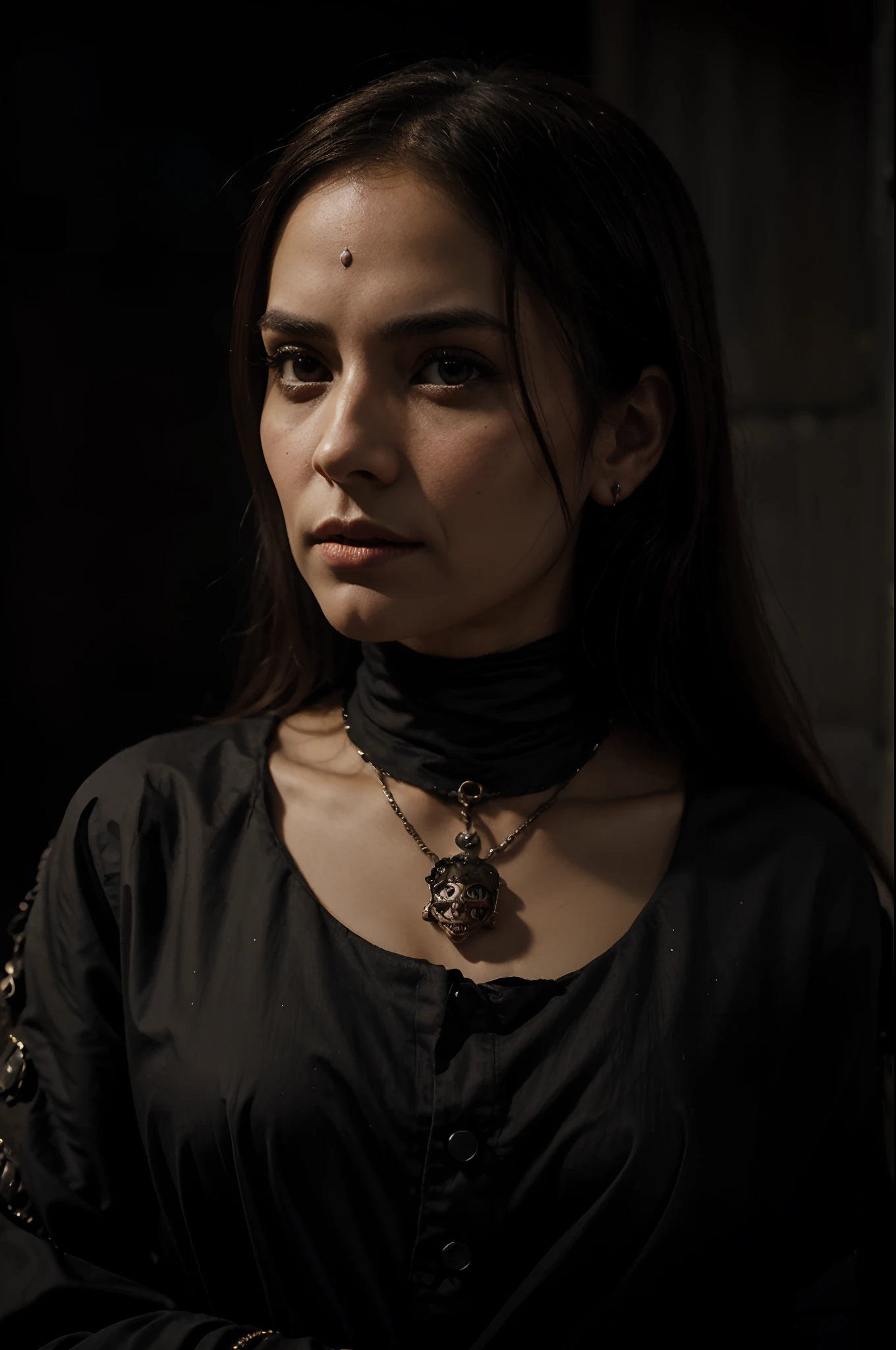 A realistic portrait of Skelita Calaveras, dark background, cinematic color tones, detailed scene, real image, Middle Ages