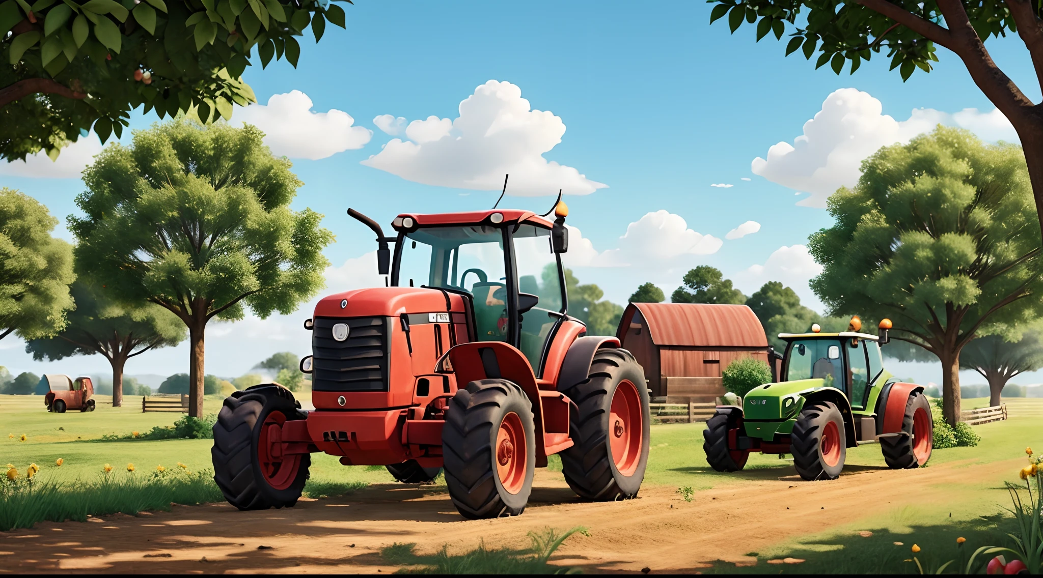 A farm with fruit trees and farm machinery