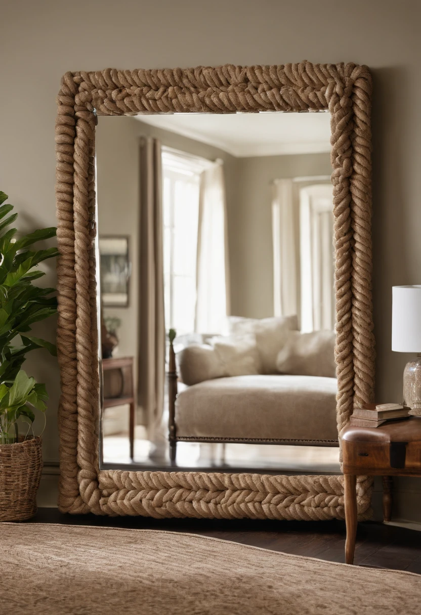 wall-mounted vintage distressed hemp rope frame mirror american product diagram without background