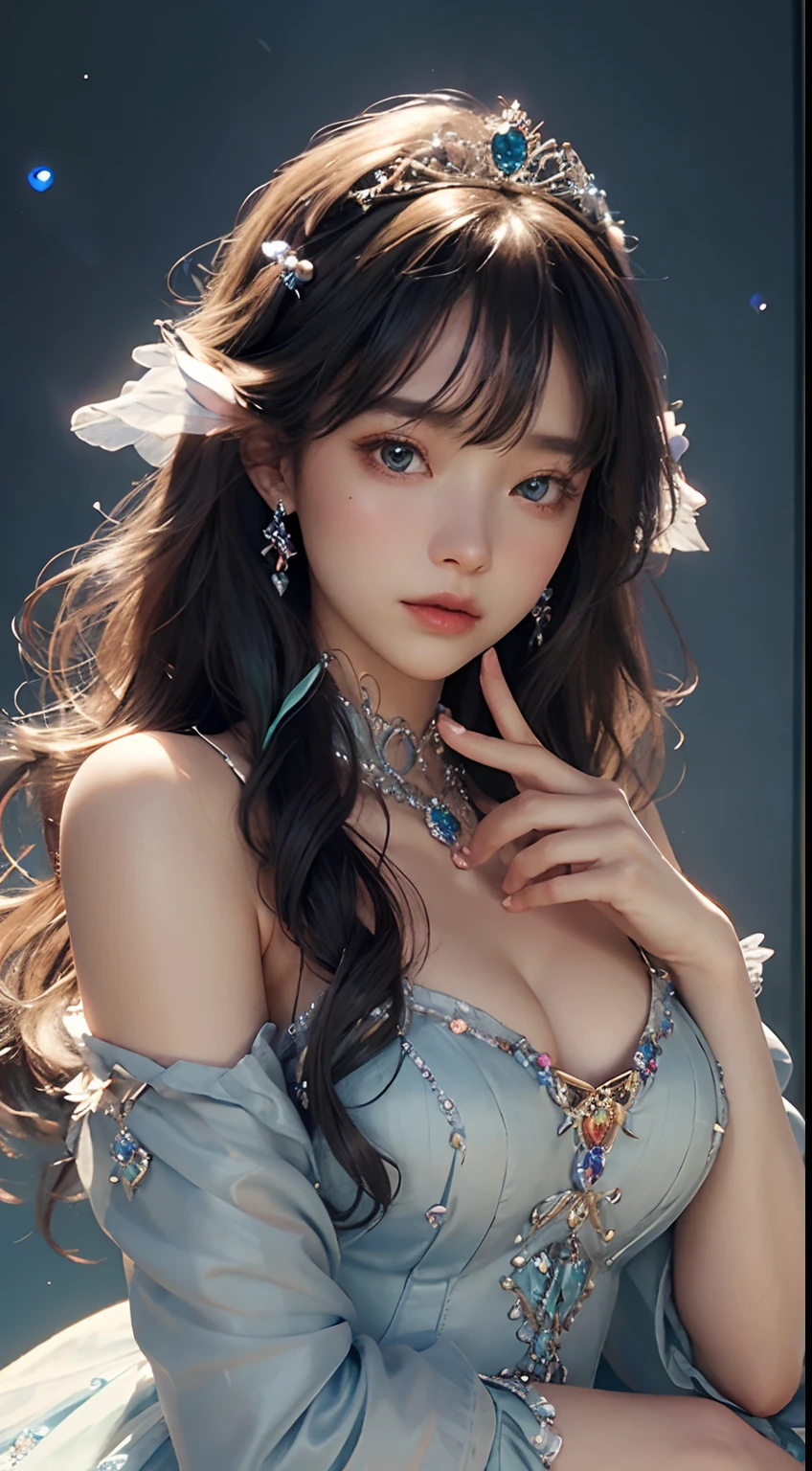 (top-quality、hight resolution、​masterpiece)、(Photorealsitic)、(David Hamilton Style)、(softfocus)、Cinema Angle、ciinematic light、softlight、raytrace、(Land of Gems)、(Adorable Gem Nymph Princess、age19、Medium chest、)、(The majesty and majesty of the princess)、(Affectionate gaze)、(Detailed Vintage Portraits)、 Perfect face、Beautiful hairstyles、(sapphire tiara)、 Detailed eyes, (Anatomically accurate hands and fingers)、Gorgeous Gem Outfits, Outfits with delicate designs、Crystal Brilliance、Luminous Gemstones、The brilliance of multicolored gemstones、fairytale、 Alice in Wonderland、jugendstil、colorful flower、The brilliance of the gemstone fills the space like a star、Background of sparkling water droplets dancing in the air、Unrealistic background、blured background、