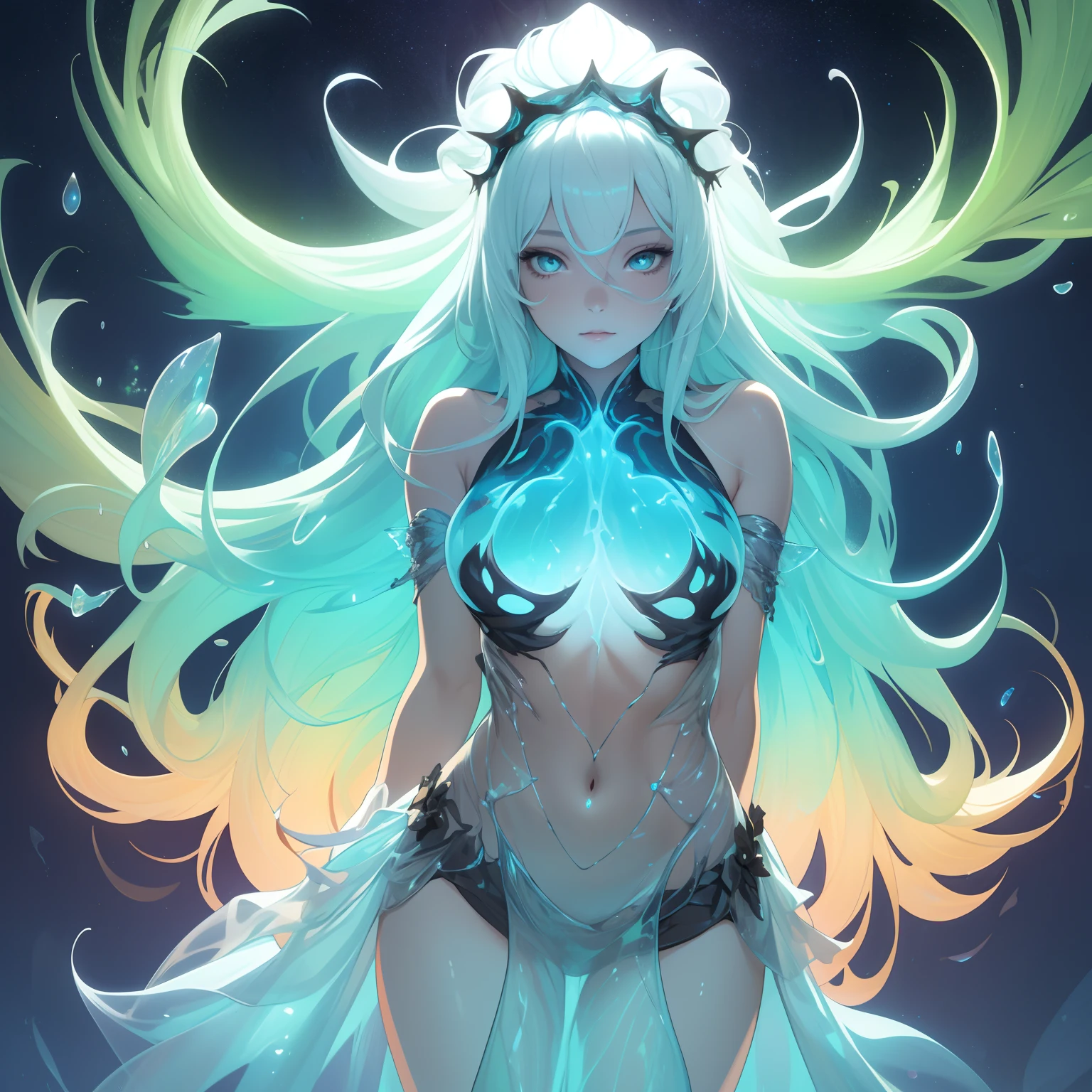 Painting of a beautiful young woman, Long flowing hair, Transparent bioluminescent glossy body, on a dark background, Glass form, 32k by AiLove, mistic