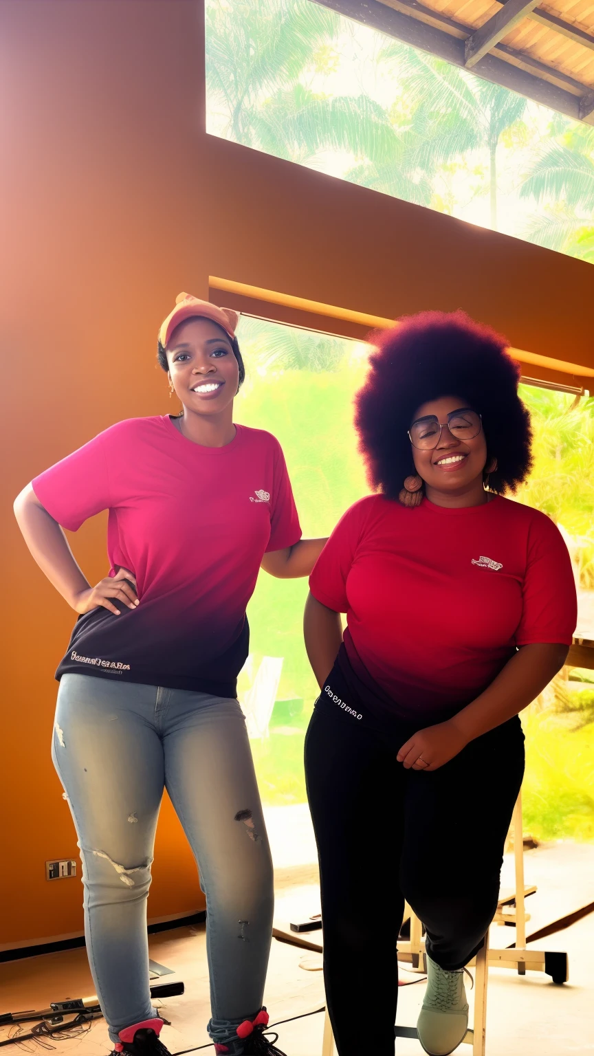 two women standing next to each other in a room, Afro vermelho, com afro, In the background, modelagem para dulce e gabanna, Afro vermelho grande, Sandra, suave em _ O pano de fundo, tomada em 2 0 2 0, Colegas, sem antecedentes, um retrato, mulheres bonitas, advertising photo, A magia vermelha a rodeia, afro tecnologia, Pintores