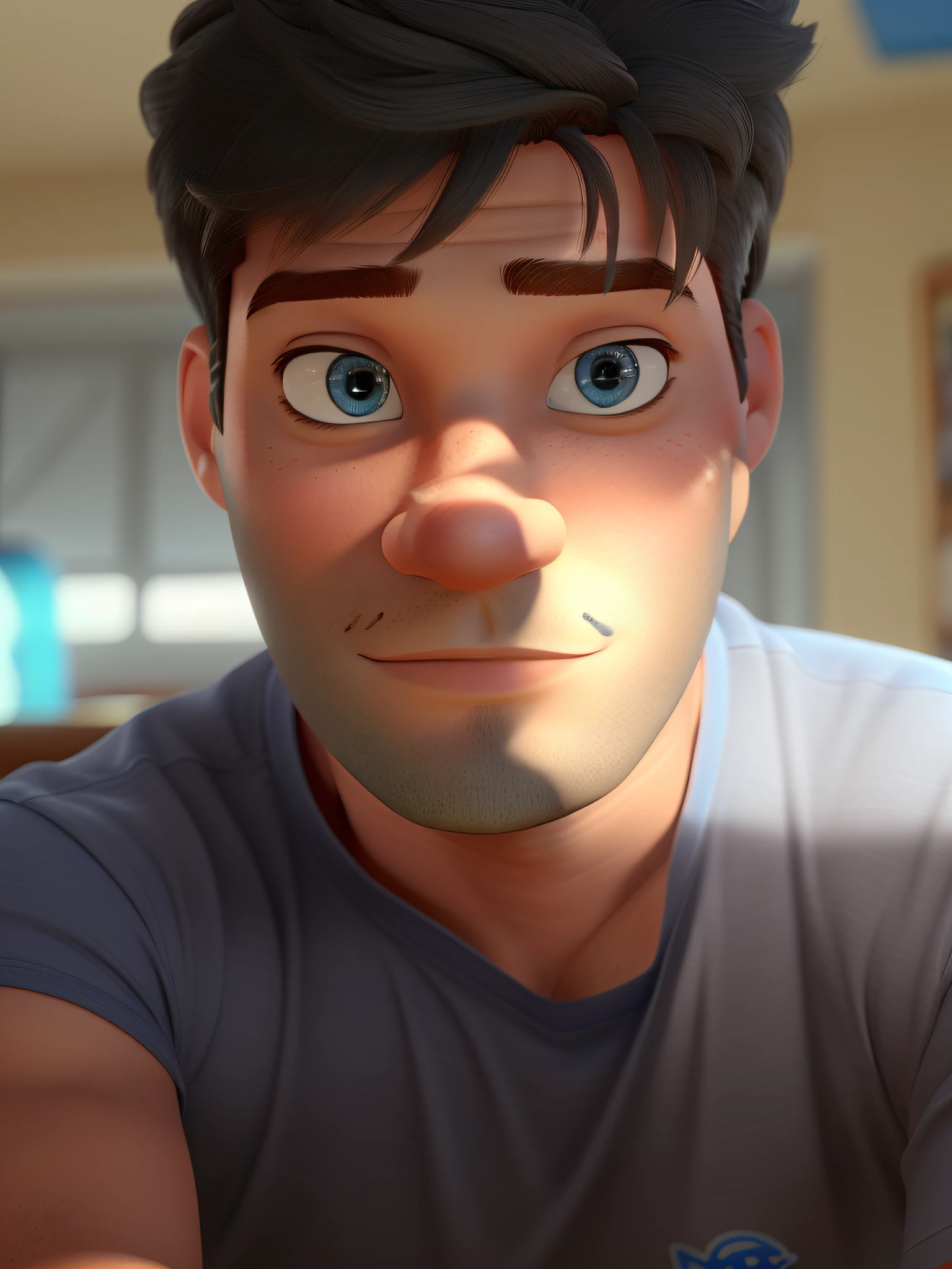 Um homem branco com cabelo castanho claro, de olhos azul claro, forte, estilo Disney pixar, alta qualidade, melhor qualidade