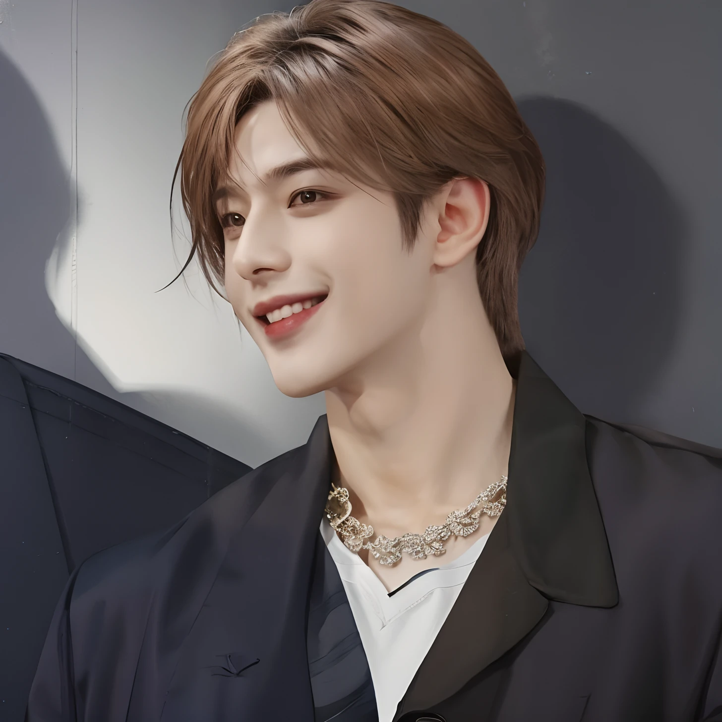 1men , manhwa man , brown hair , dark brown eyes, smiling, handsome, realistic clothes, detail clothes, simple background, ultra detail, realistic