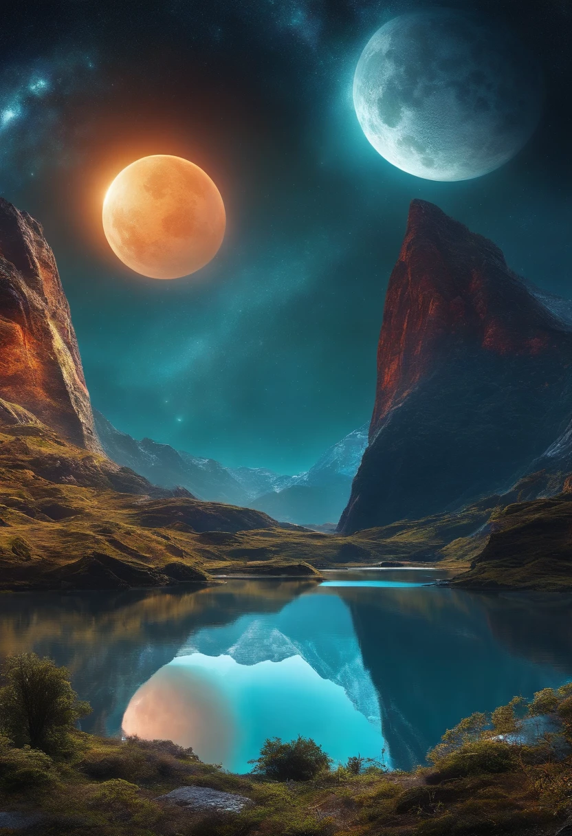 Utopian world, Awesome bright colors, ighly detailed, The perfect world, Reflective surfaces, Subsurface Dispersion, Beyond imagination, in 8K, wide angles、 World of Dreams、Sci-fi world、kosmos、planetes、a moon