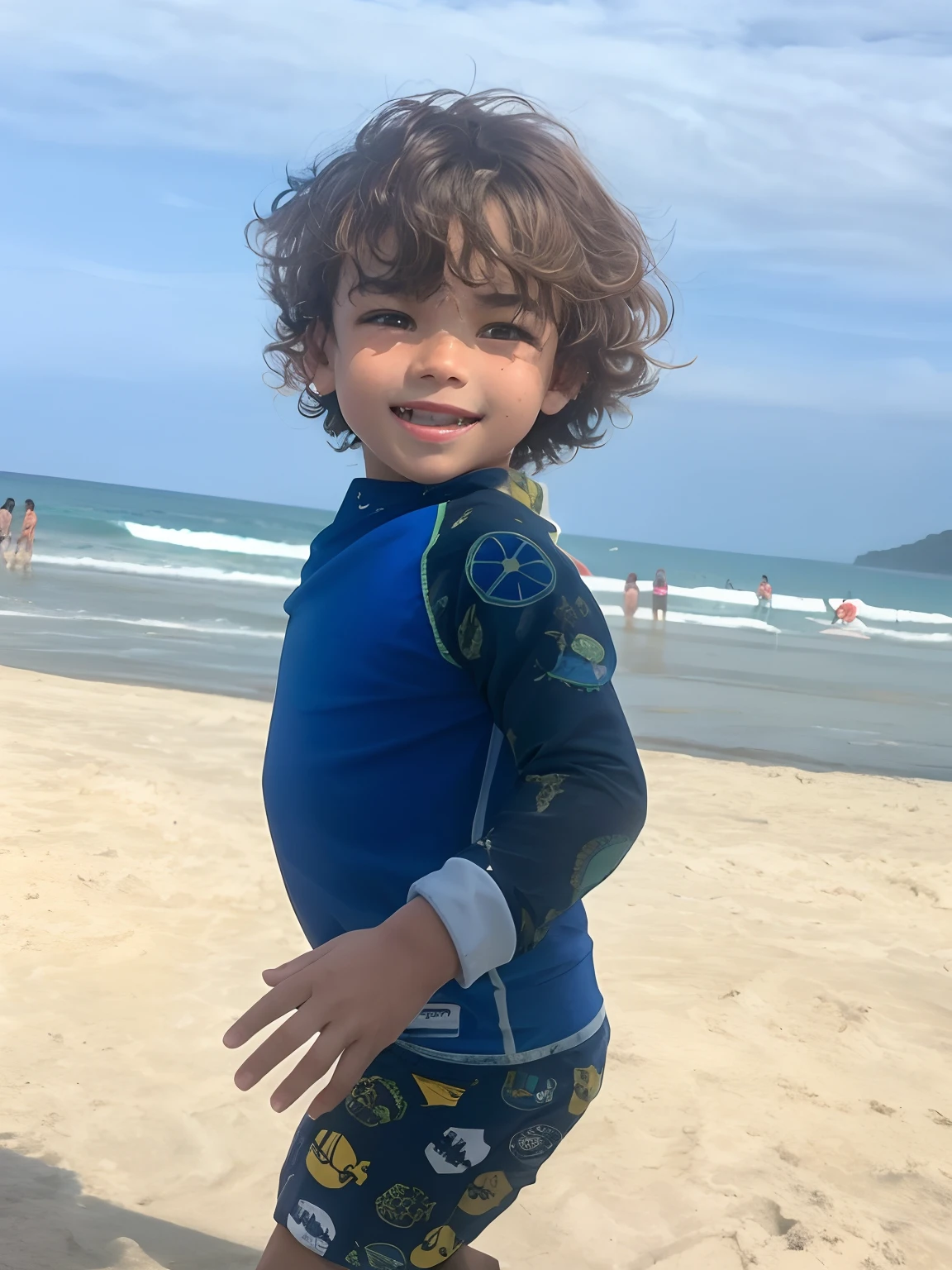 a professional photograph of a 3-****-*** boy wearing beachwear, seated on a beach chair, looking at the camera. In the background, include the sea, white sandy beach, mountains, and palm trees. The photograph should highlight the boy seated amidst a beautiful setting. Capture the scene at sunrise to bring warm colors to the subject. Pay meticulous attention to (((intricate details))) to ensure the boy and the surroundings appear stunningly real. Aim for (((extreme detail quality))) to create a visually captivating photograph.