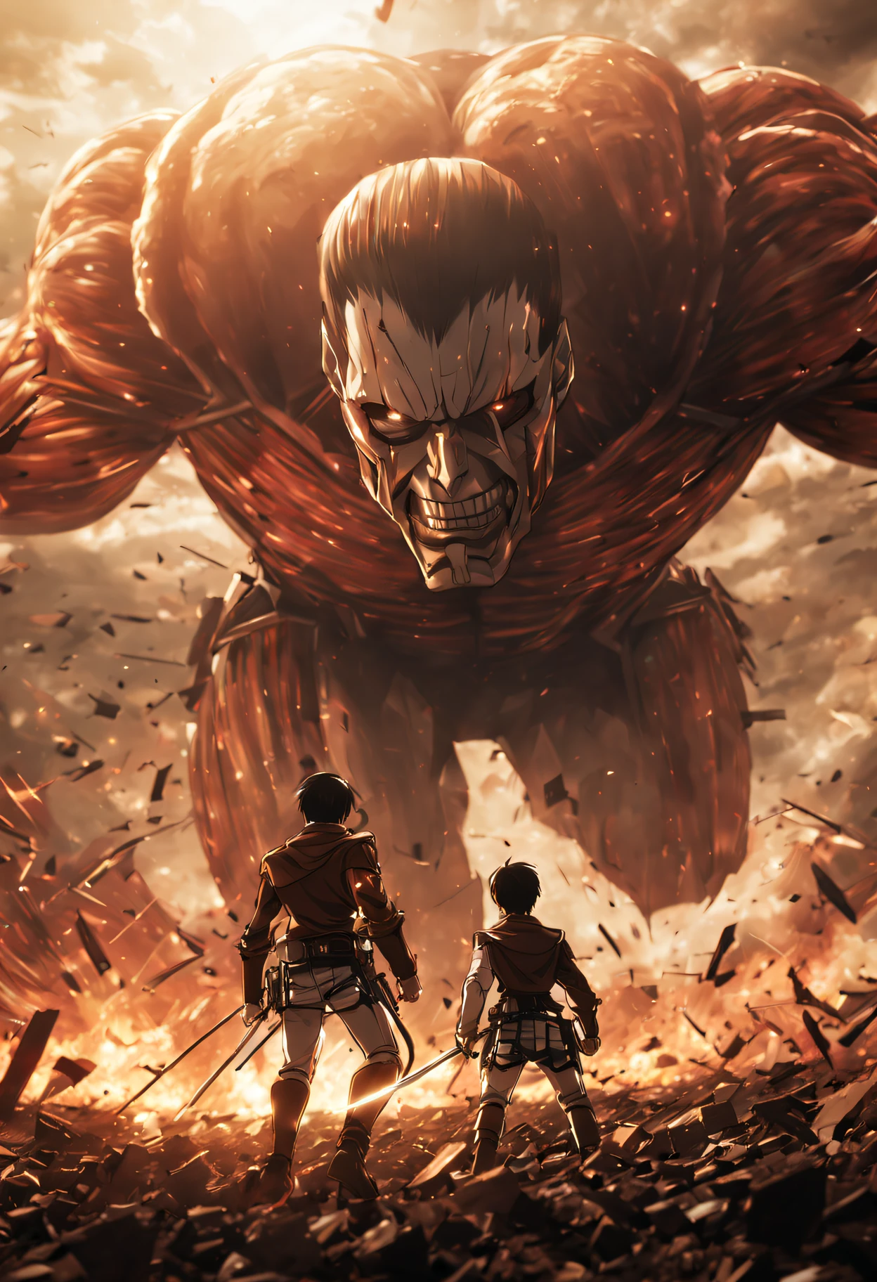 Attack on Titan, angry Giants, dark and gritty, Studio Ghibli, Anime Key Visual, by Makoto Shinkai, Deep Color, Intricate, Natural Lighting, Beautiful Composition, (32k, ultra highest quality, epic masterpiece), (ultra Realistic, ultra professional photoRealistic: 1.37), Super detailed, ultra sharp-focus, ultra highdef, ultra highres, raw, nsfw, --v 6 --s 1000 --c 20 --q 5 --chaos 100
