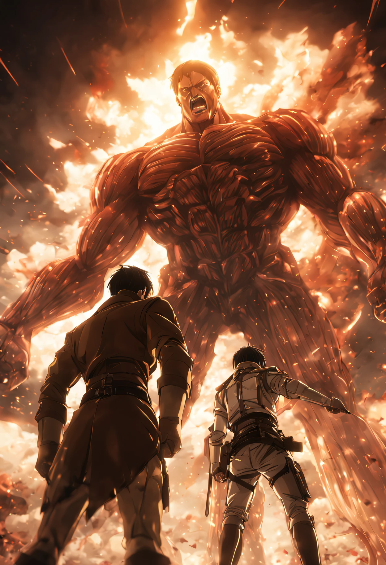 masterpiece, cinematic scene, award winning, cinematic angle, Attack on titan, Levi versus armored Titan, Volumetric lighting, Studio Wit anime style, (epic composition, epic proportion), HD