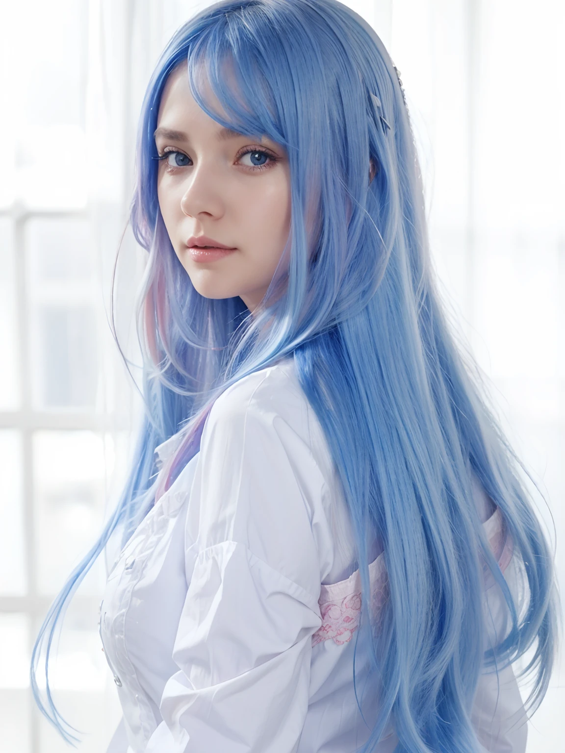 1 girl, eida, blue and pink hair, long hair, white blouse, realistic, ultra detailed