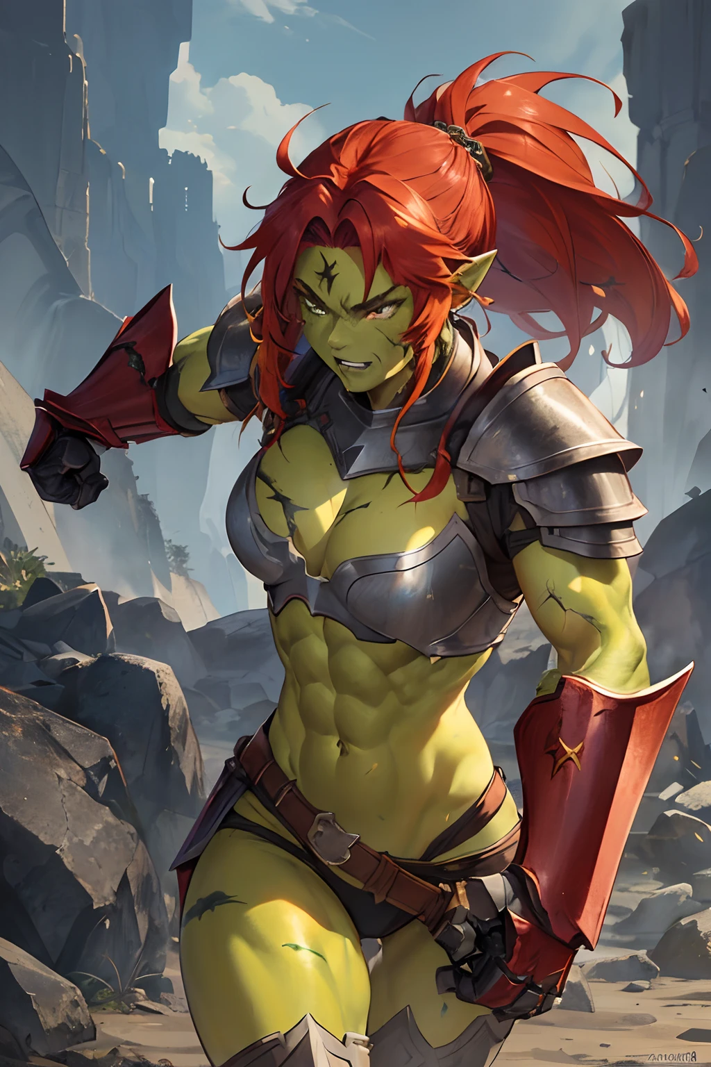 (1  muscular beauty female,orc, humanoid,green skin, messy red hair mullet style,scar:1.2), fantasy world, medieval, cave, mining operation, fortifications, (gorgeous steel armor, threatening armor, ????? plate, gauntlets:1.2), red cape,dynamic fighting pose,dynamic angle,????????,angry