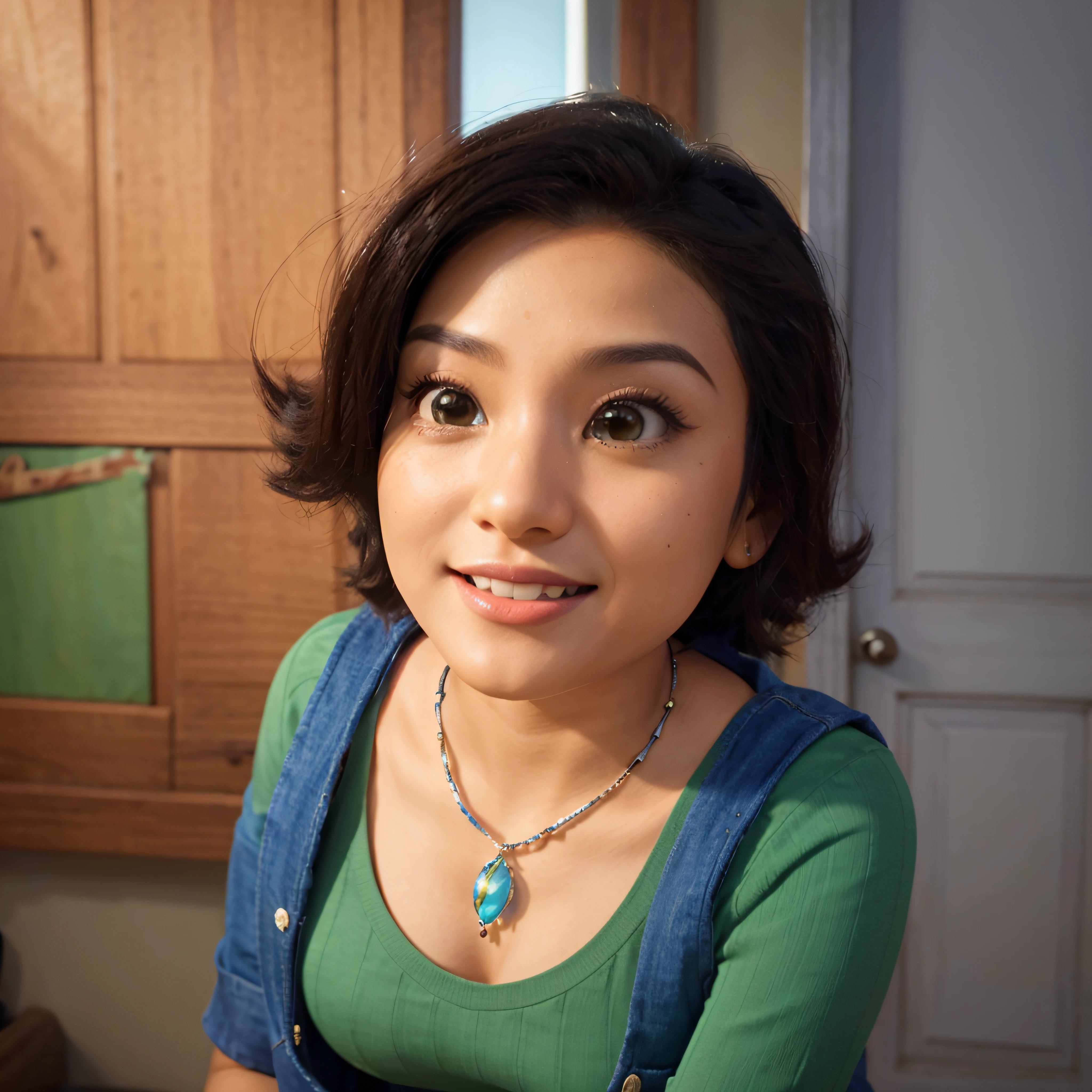 Imagem estilo Pixar com personagem 3D oriental morena mulher cabelo liso longo, usando um coque, Taking photos in a studio, Maquiagem Disney, Pescador, fofo, sorridente, Close-up, Pixar, Disney, Cinema lighting,