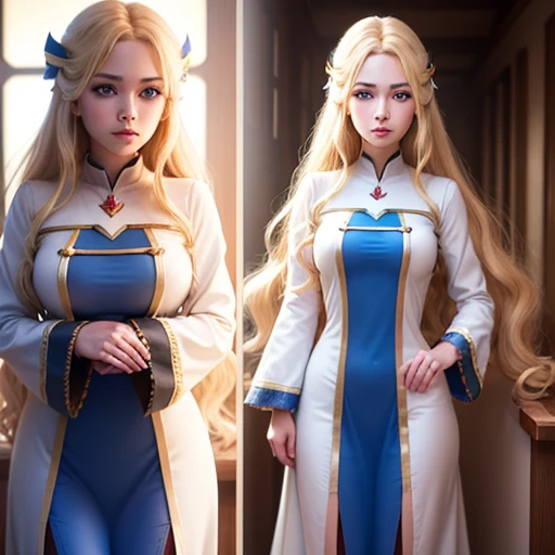 A girl, 25 years old with blue eyes, blonde woman, long wavy hair, Beautiful Character Face. pointed ears. in office. full-length photo. side-view. higly detailed. Top Quality. long sleeves. priestess.