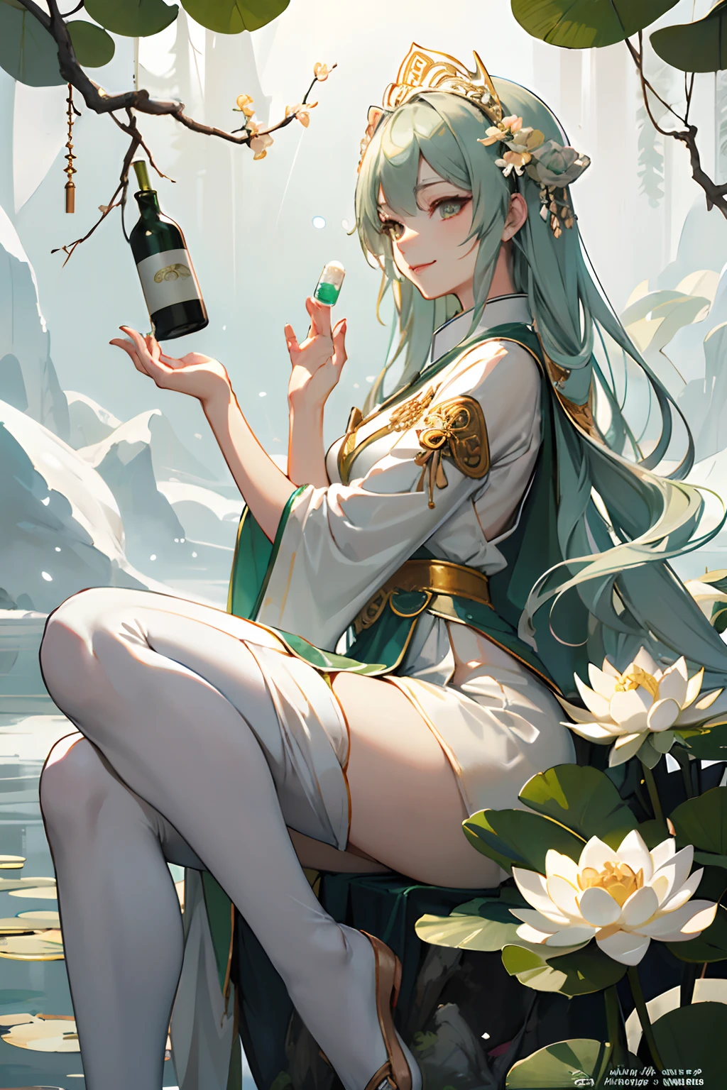 Dreamy, serene, White and green:1.2),
(full bodyesbian, Sitting, Guanyin with a jade bottle:1.1),(Praying hands),(Blessing),(Smiling),(Compassionate),
(Lotus throne, Floating, The following Guanyin:1.2),
(lotuses, branches),
(Dry Ice, Heavy fog, Below:1.1),
(from the front side),(Medium shot),
When she sits on a floating lotus throne, Guanyin holds the jade bottle，Make a prayer gesture. She smiles and blesses the world with her compassion. Behind her, Lotus flowers and branches surround her, Create a natural and peaceful backdrop. Below her, Dry ice forms a mist，Add a fantastic vibe. The main colors are white and green, Create a pure and harmonious atmosphere.
(Magazines:1.3), (Cover-style:1.3), Fashionab, woman, vibrant, Outfit, posing on a, Front, Colorful, Dynamic, Background, element in, self-assured, expression, Holding, statement, accessory, Majestic, CW, Around, Touch, scene, text, cover, Bold, Bai Si High School,White pantyhose,, Masterpiece, Best quality, Lens flare, Depth of field, Motion blur, (back lit lighting, Backlight:1.1),  fritillary light,grid,(Light passes through the hair:1.2),From the side Side,