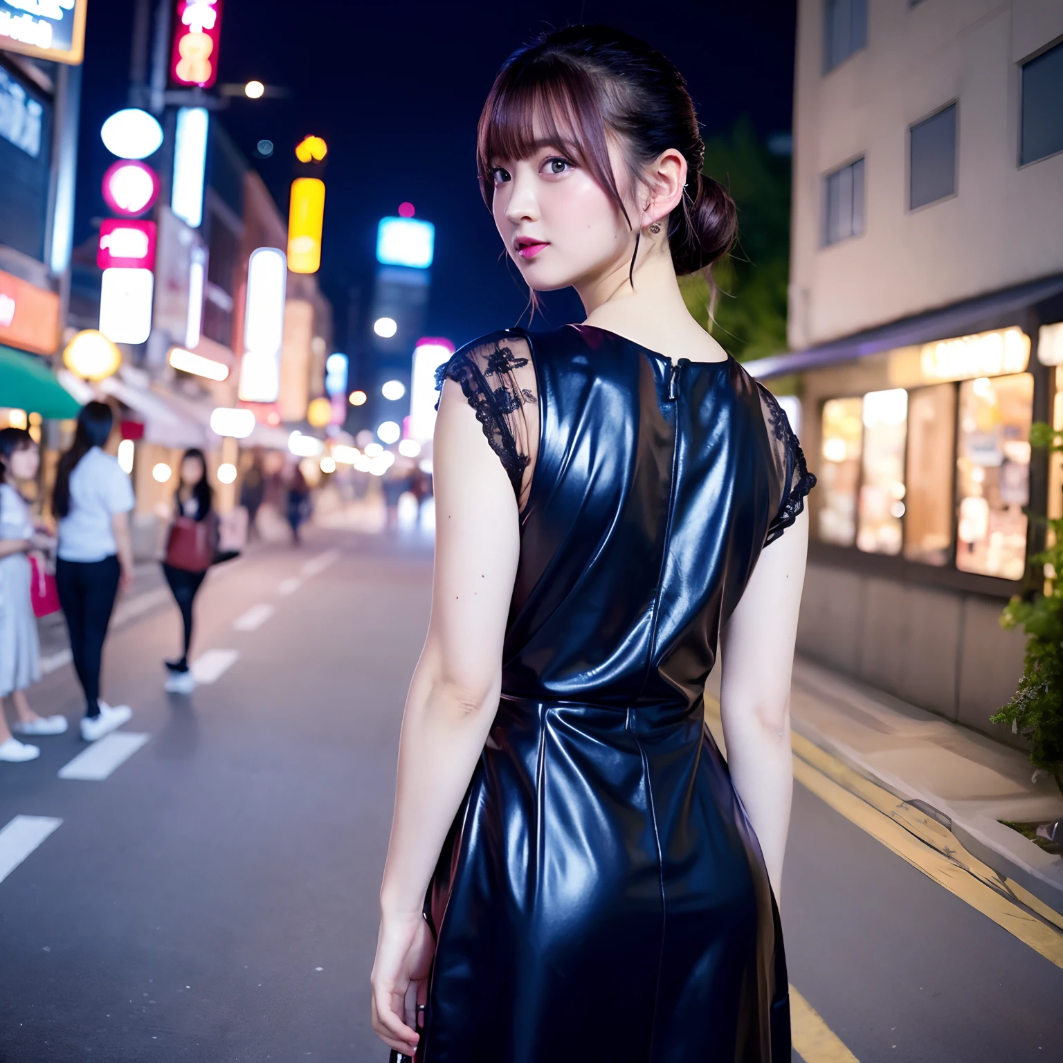 Best Quality, masutepiece, 超A high resolution, (Photorealistic:1.4),1girl in, Raw photo, Portrait, Cute dress, Night, Street, city light, Warm lighting, Hands behind your back, Yamane Aya,TOKYOcty
