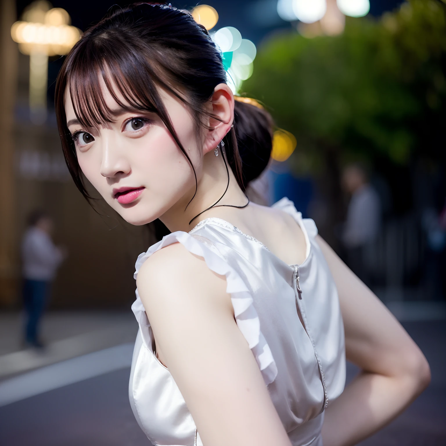 Best Quality, masutepiece, 超A high resolution, (Photorealistic:1.4),1girl in, Raw photo, Portrait, Cute dress, Night, Street, city light, Warm lighting, Hands behind your back, Yamane Aya,TOKYOcty