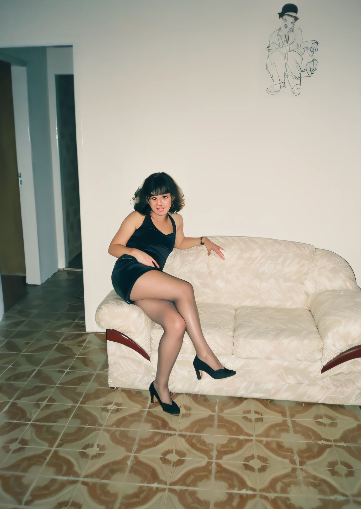 there is a woman sitting on a couch in a room, pantyhose tights, tirada em discoteca, ela tem cerca de 25 anos, os, on a couch, namorada russa, nylon tights, alta qualidade