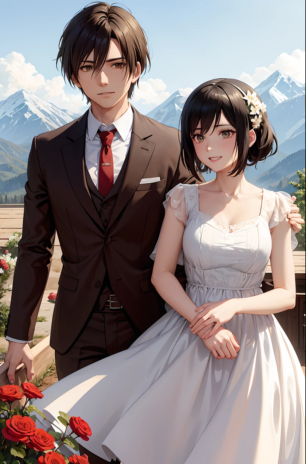 Attack on Titan anime, Eren Yeager and Mikasa, excellent quality, both standing at cabin wooden house on top of mountain and surrounded by more mountains. Nature. Both happy, smiling, hugging. good face, masterpiece, 2d, anime style drawing. Holding hands. Looking at each other. Mikasa wearing red scraf.. both smiling. Mikasa in long flowly white dress with red scarf, Eren in black suit.