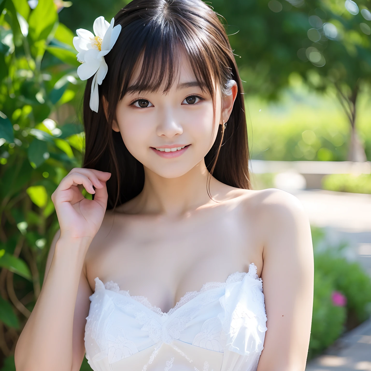 Asian woman posing in park, younggirl,Wearing a white dress,Young Pretty Gravure Idol, Young skinny gravure idol, Young Pretty Gravure Idol, Young Gravure Idol, Japanese Models, Realistic Young Gravure Idol, photo of slim girl model, Young Sensual Gravure Idol,sensual smiling,sexy  pose,flat breast