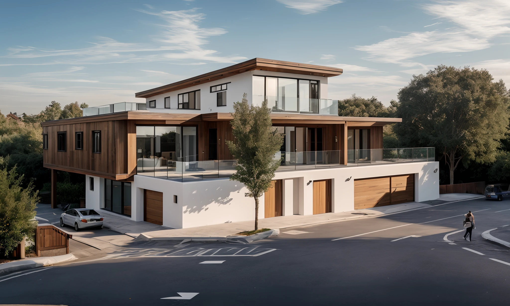 Exterior, house, luxury, modern style, reflective glass material, white wall paint, stone wall, wooden ceiling, in the city, crowded street, many cars, many people, many trees, Trees on the roof, sunrise, empty clouds, 8k, vray images