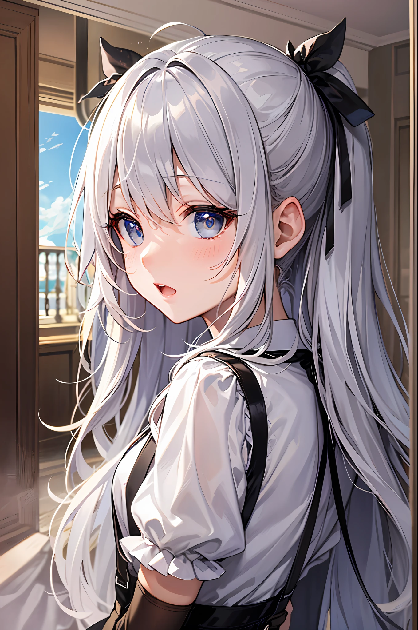 Best Quality, ultra-detailliert, Illustration, silber hair, Aimei, suspenders,skirt by the,embarrassed from,breastsout,a bed