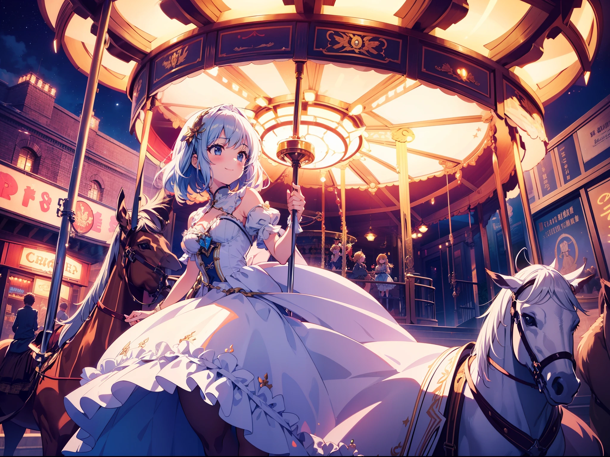 1 cute girl ,ride carousel, character focus, (from below:0.9), laugh, night, spotlighting, cinematic lighting,(((Glint))),, ruffle dress ,((masterpiece)), ((best quality)), ((ultra-detailed)), (illustration), ((an extremely delicate and beautiful))