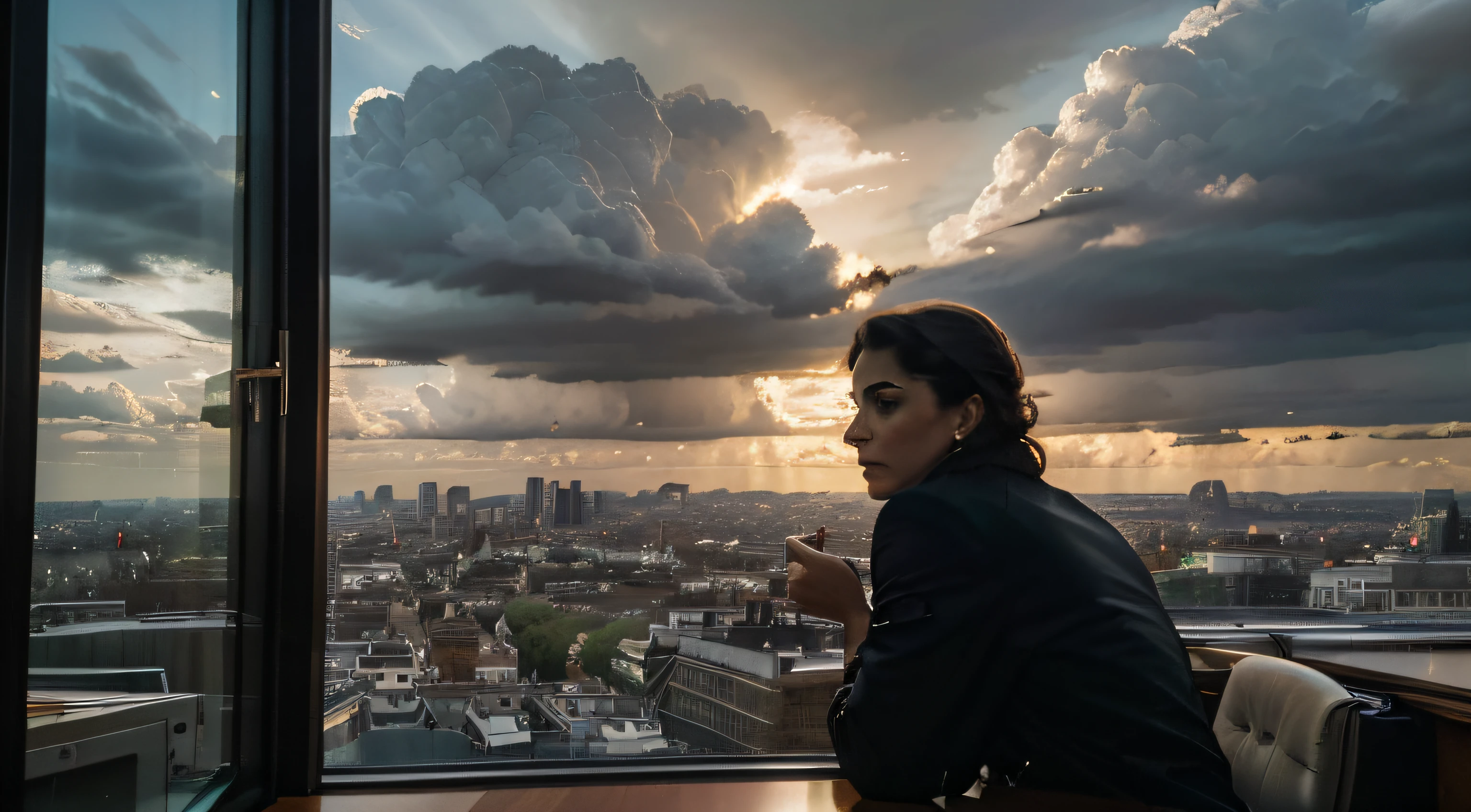 Uma imagem Da ((noite em Londres)) o ((Sky was overcast with dark clouds)), como se a cidade estivesse prestes a revelar seus segredos mais sombrios. (((Detetive James Williams))) e a (((aristocrata Catherine Boorman))) esta na (Office Window) olhando a (cidade combria).