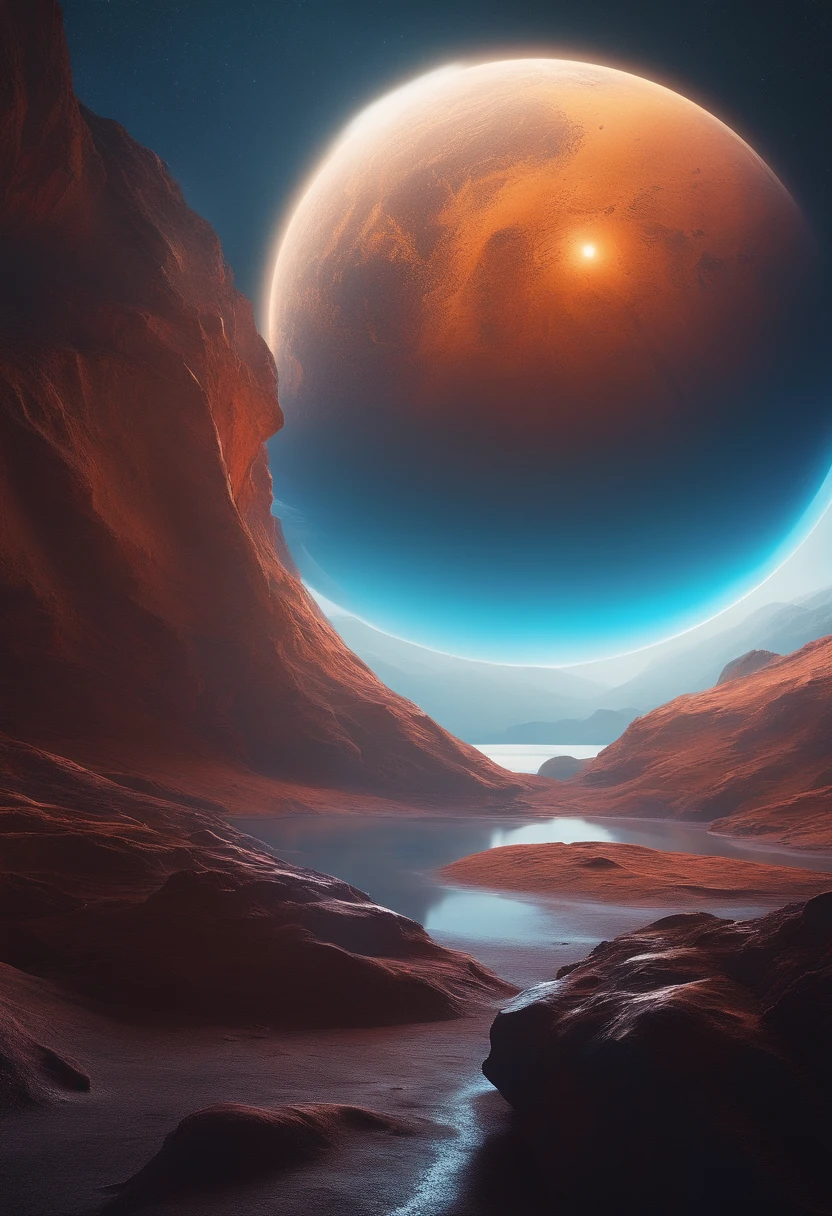 Awesome bright colors, ighly detailed, The perfect world, Reflective surfaces, Subsurface Dispersion, Beyond imagination, in 8K, wide angles、Sci-fi world、kosmos、planetes、a moon