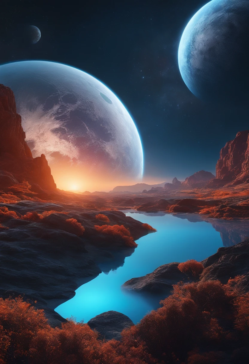 Awesome bright colors, ighly detailed, The perfect world, Reflective surfaces, Subsurface Dispersion, Beyond imagination, in 8K, wide angles、Sci-fi world、kosmos、planetes、a moon