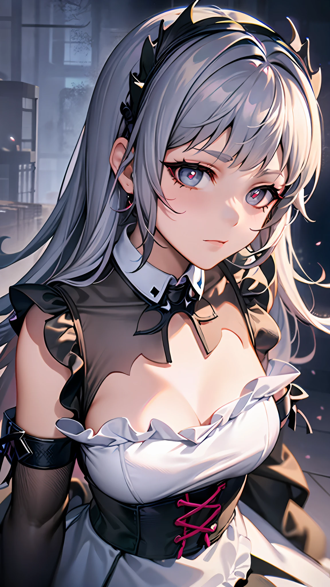 a close up of a woman in a dress with a white and black dress, gothic maiden anime girl, anime girl wearing a black dress, cute anime waifu in a nice dress, anime girl in a maid costume, an elegant gothic princess, guweiz, guweiz on pixiv artstation, guweiz on artstation pixiv, beautiful anime girl