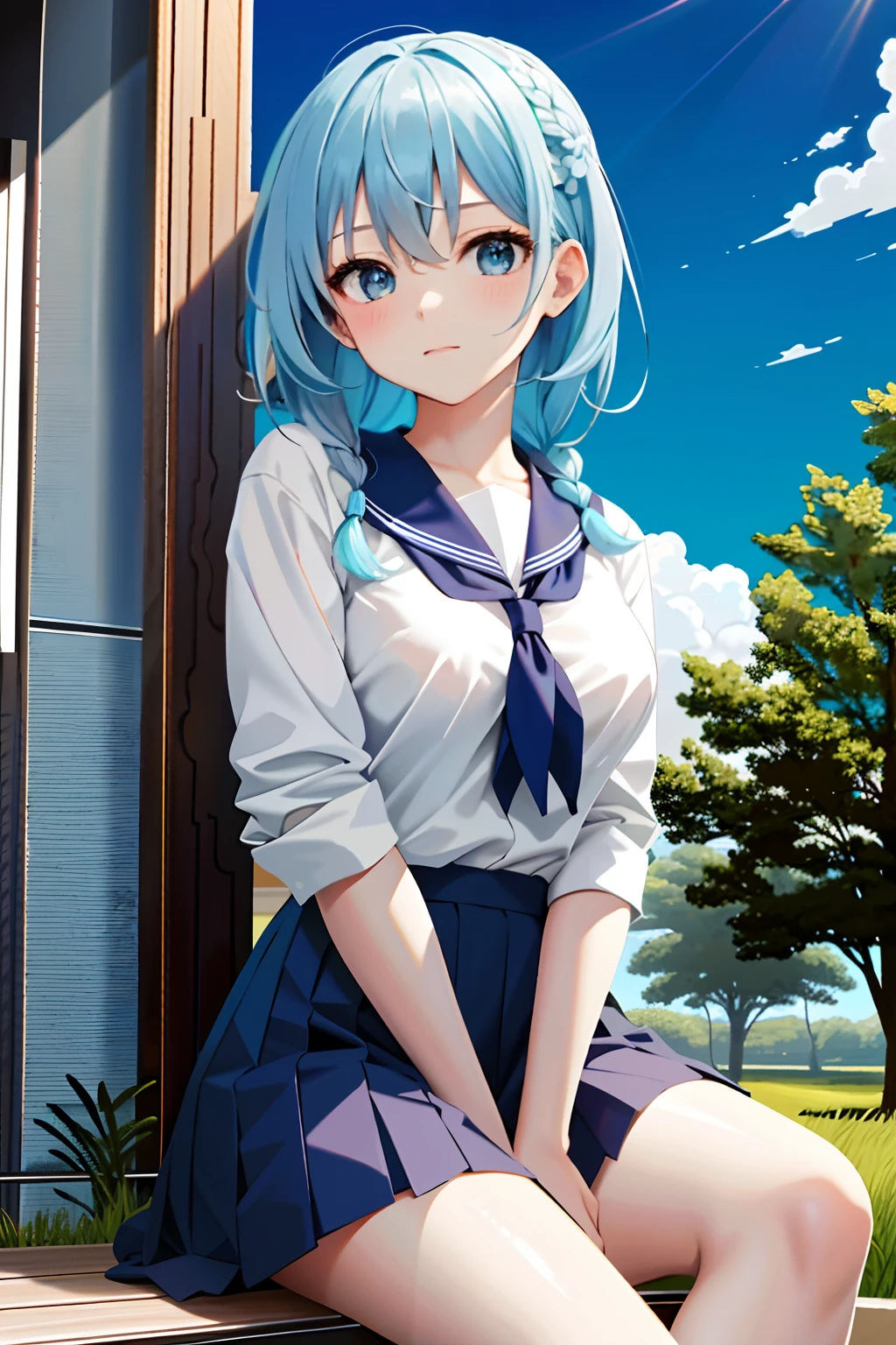 (masterpiece), best quality, high resolution, extremely detailed, detailed background, cinematic lighting, outdoor, 1girl,medium hair,light blue hair, asymmetrical hair , side braid,medium breasts hair, medium breasts, school uniform,sitting