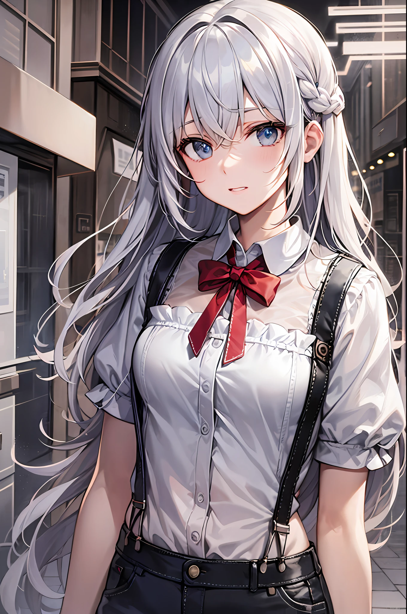 Best Quality, ultra-detailliert, Illustration, silber hair, Aimei, suspenders, embarrassed from